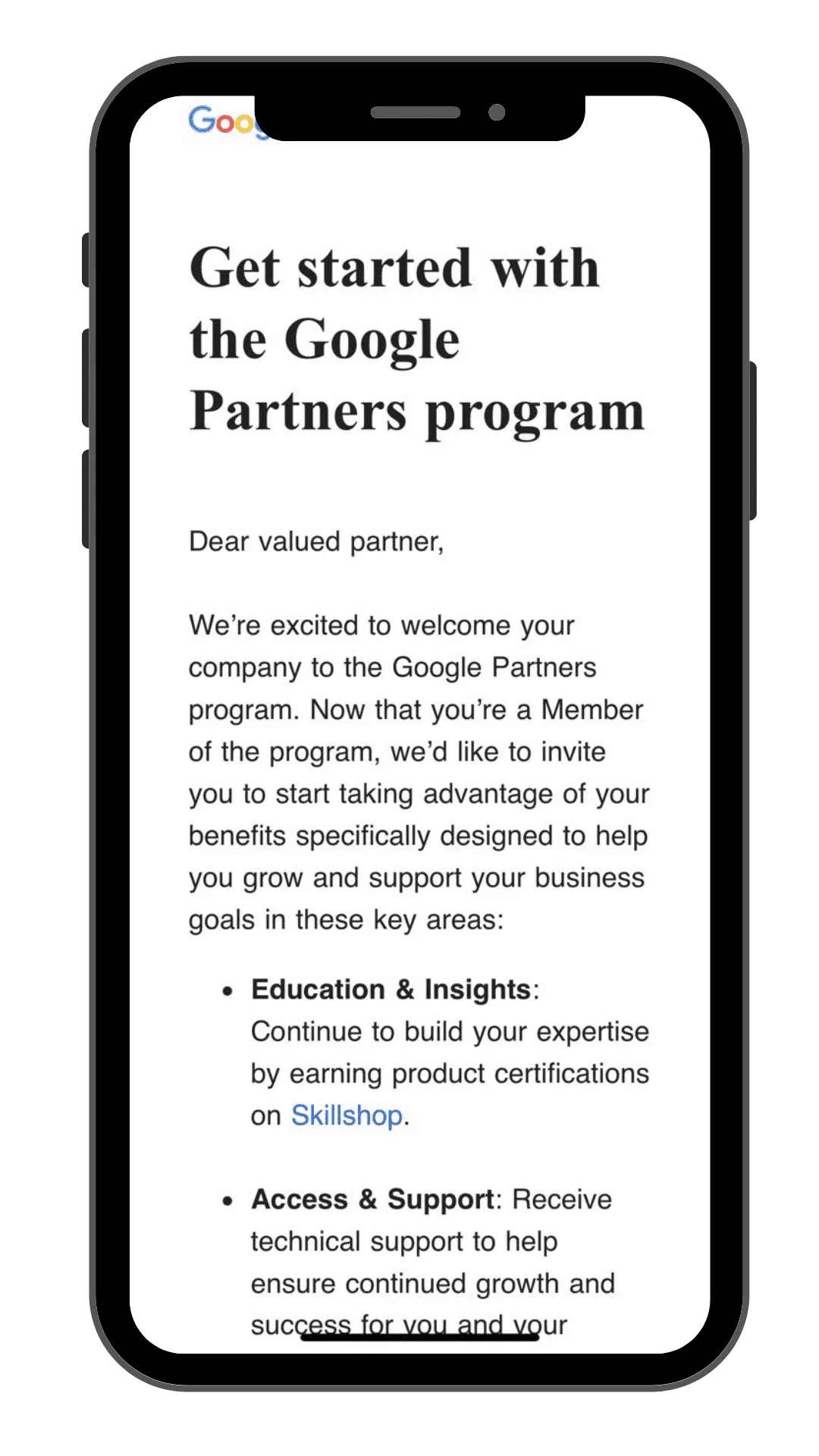 Google Partners program welcome email shown on a phone