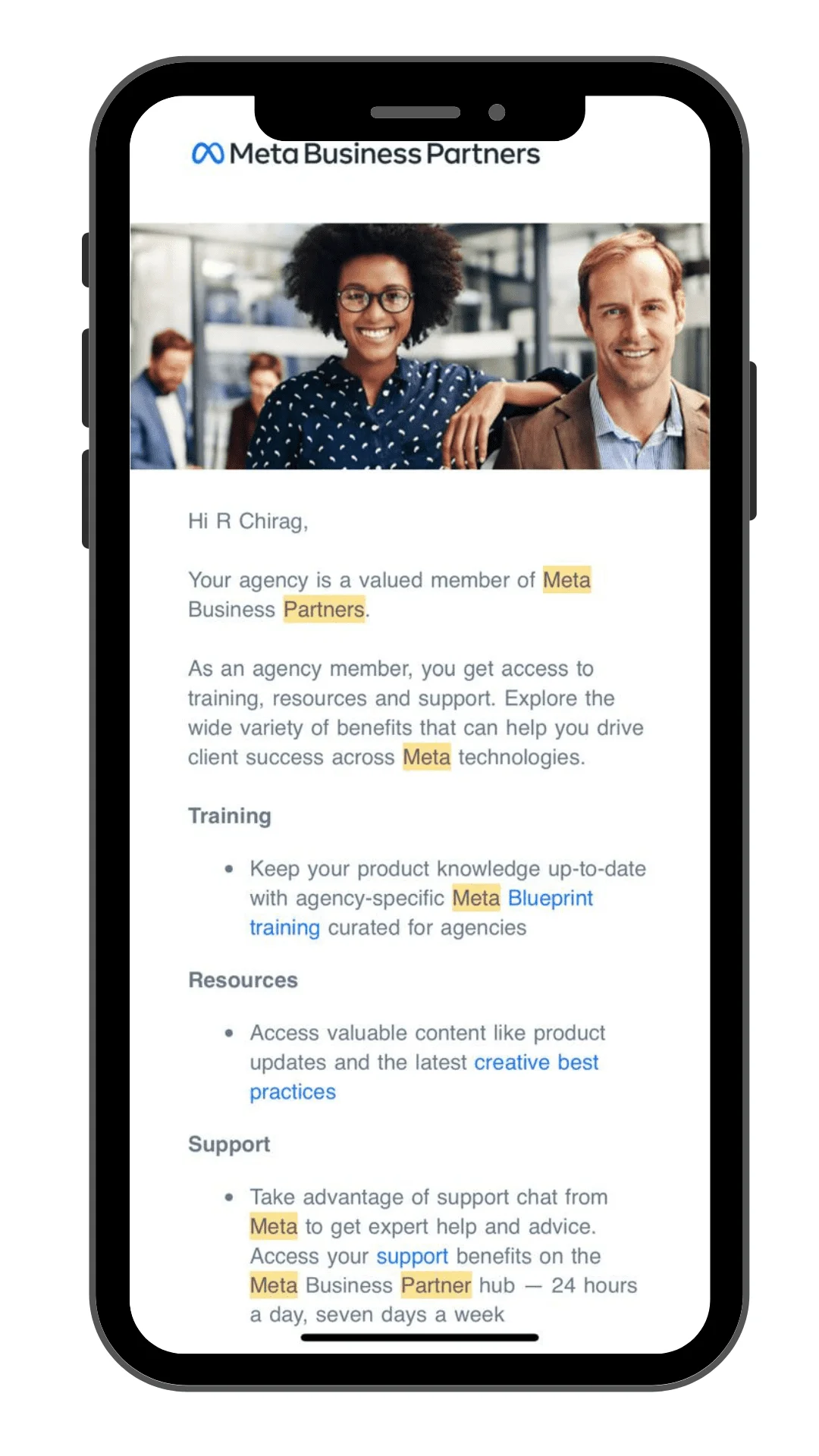 Meta Business Partners agency benefits email on a phone